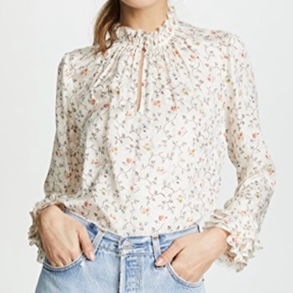 Rebecca Taylor Floral Vine Print Silk Ruffle Top In Vanilla Size 8